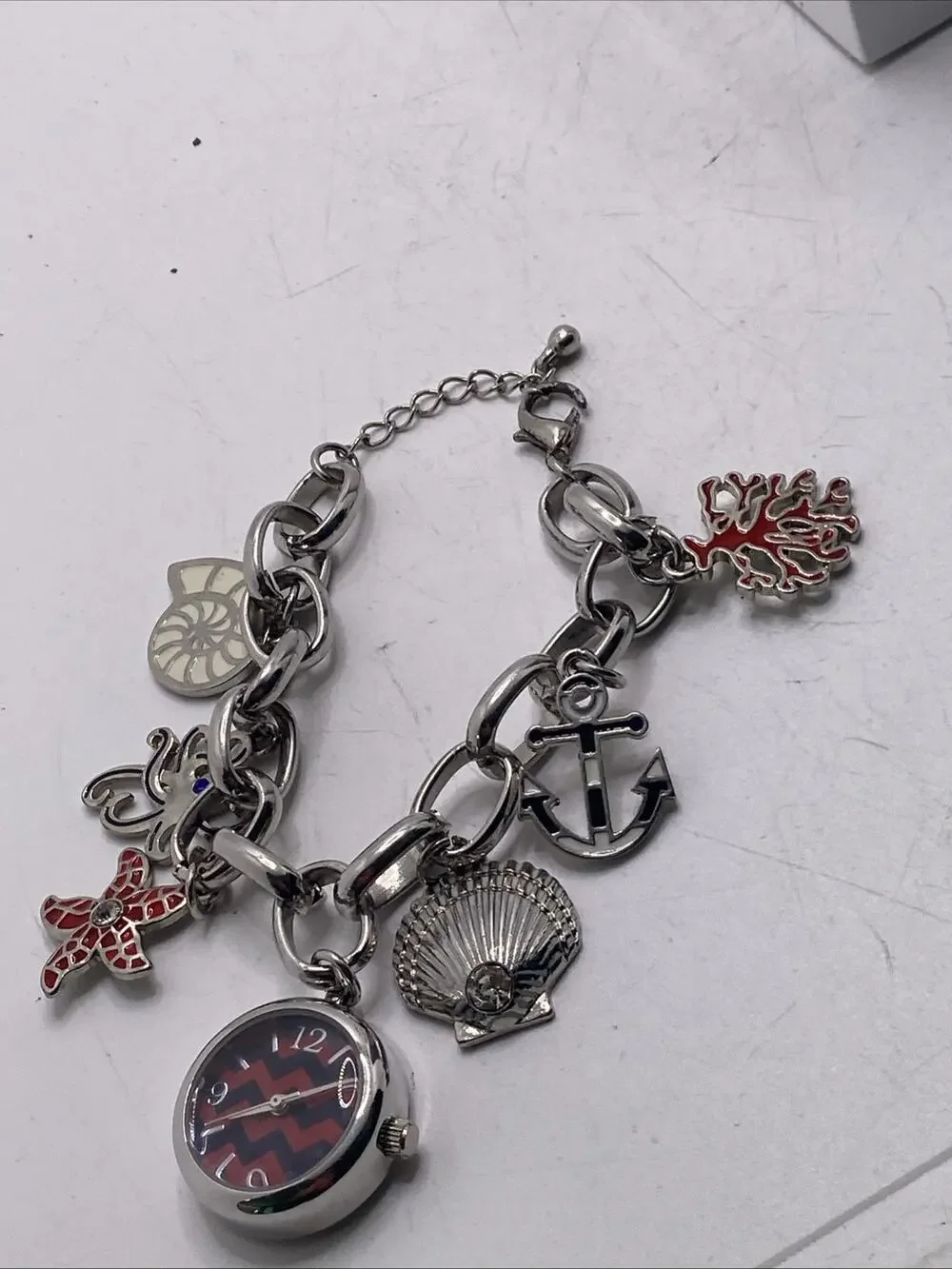 Vintage Womens Ocean Theme Charm Bracelet Watch Works New Battery